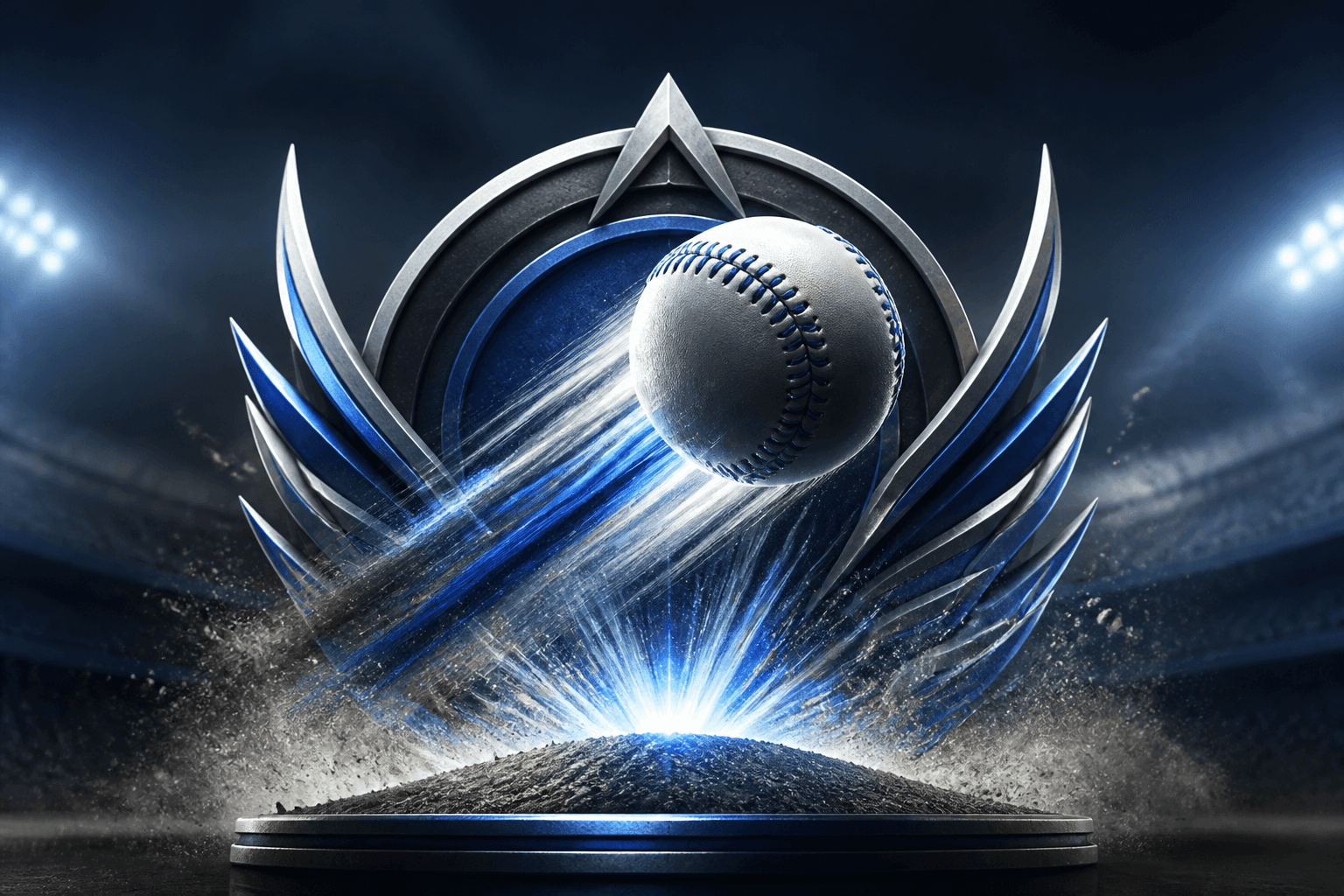Symbolic baseball bursting from a winged crest over a pitcher's mound, no athletes