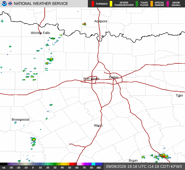 Latest National Weather Service radar for North Texas (KFWS radar). Source: radar.weather.gov.