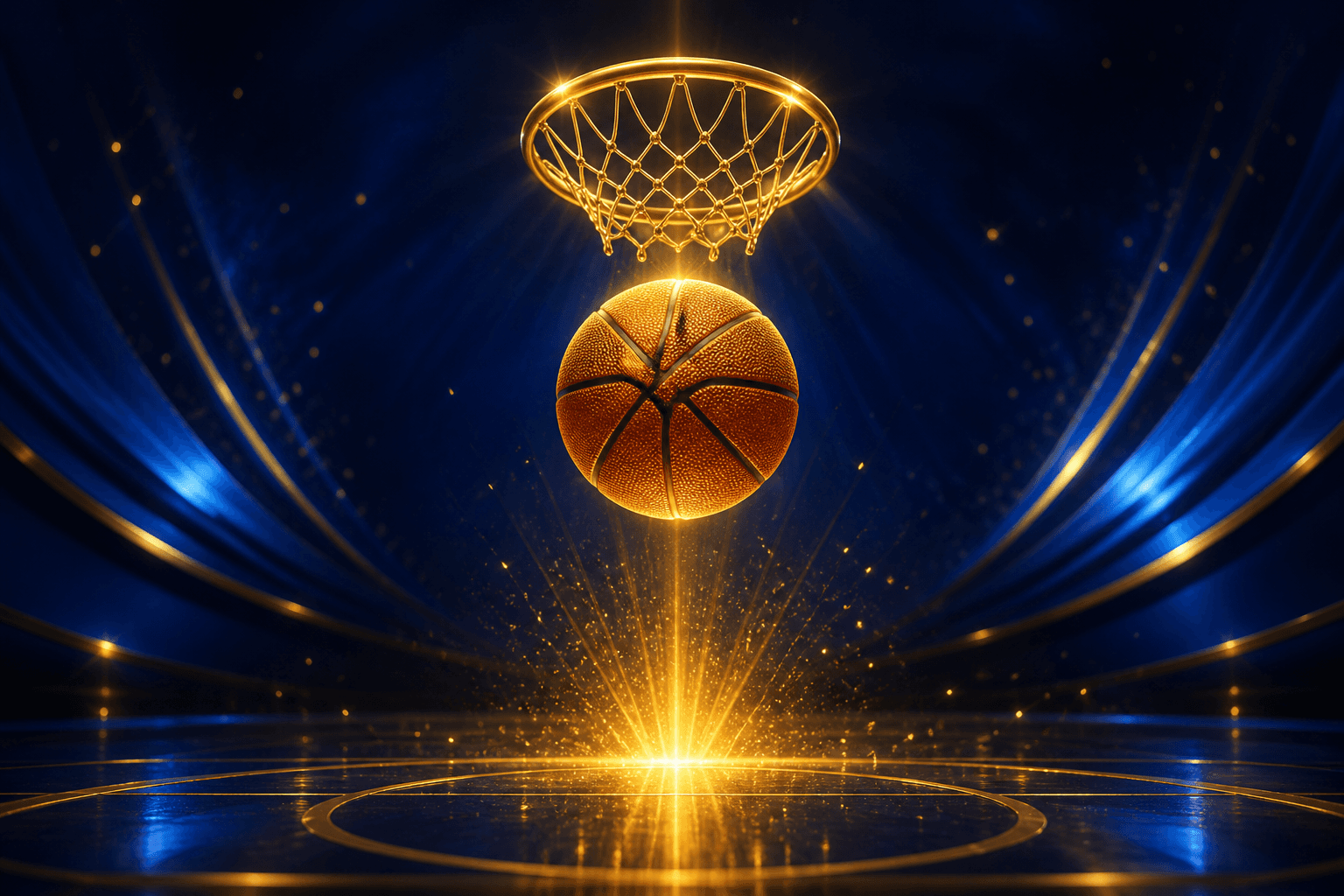 Symbolic basketball emblem with a golden hoop and orange basketball on a dark court, no athletes